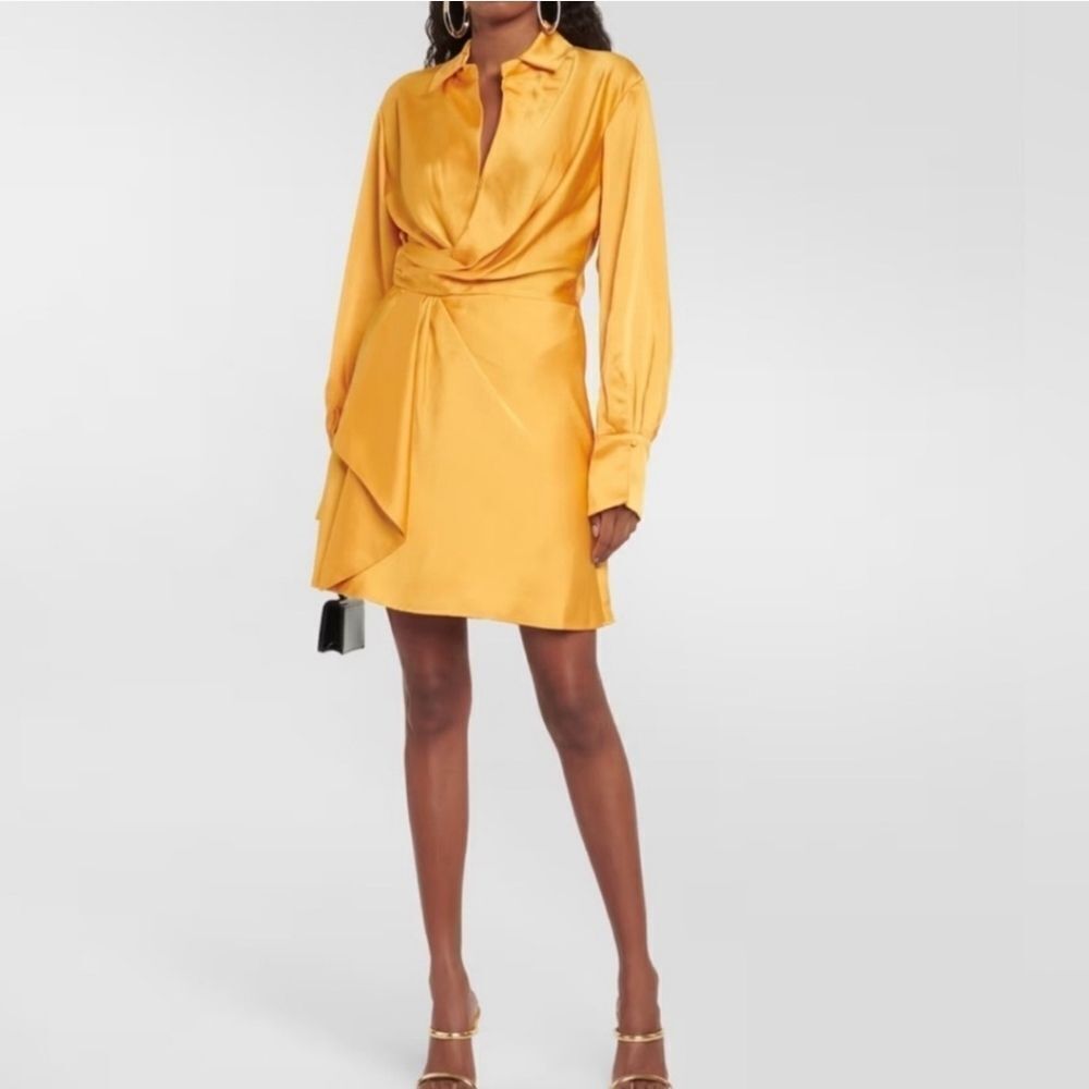Jonathan Simkhai Metallic Satin Draped Long Sleeve Dress Caramel Size 8